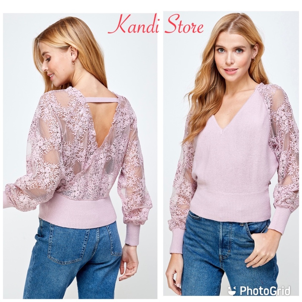 Lace Sleeve and Lace Back Cropped Sweater.
